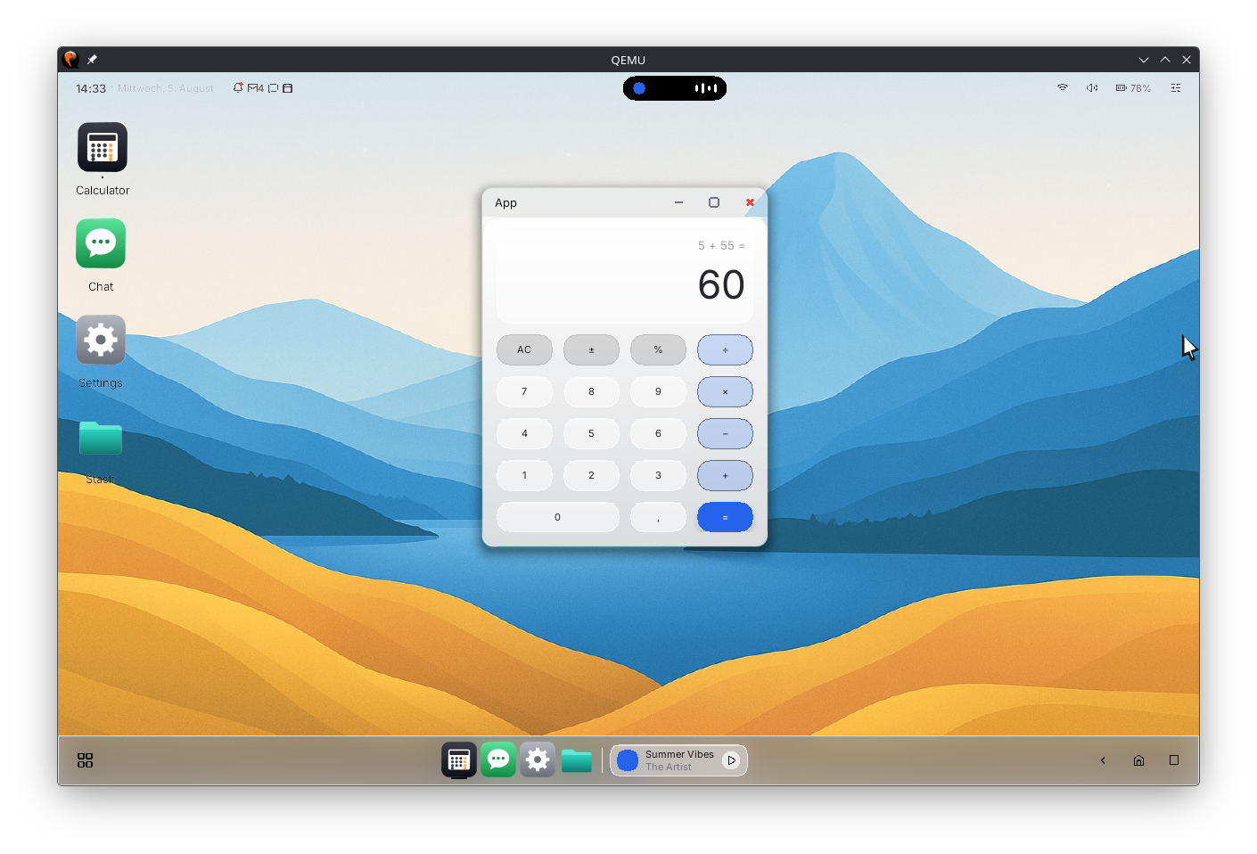 The calculator app: a result display reading 5 + 55 = 60 above a keypad of rounded keys