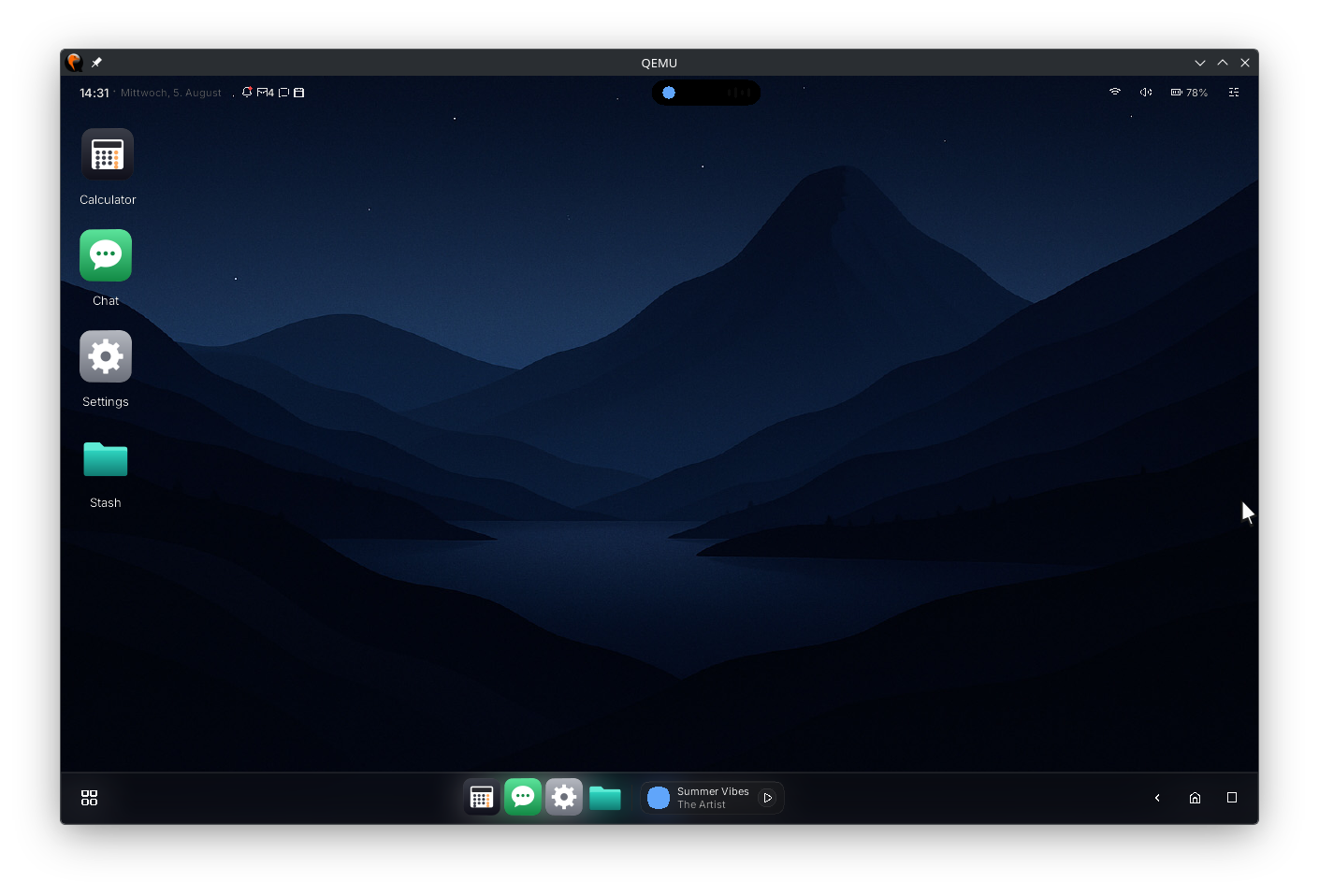 The desktop in dark mode: the same layout, dark wallpaper, dark dock and status bar