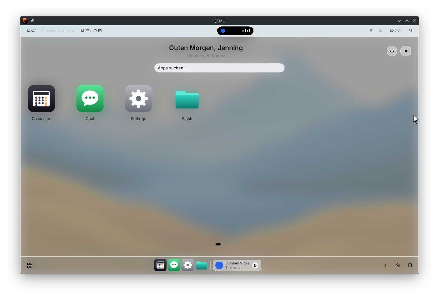 The same launcher filling the screen, with a greeting, a search field and larger app tiles
