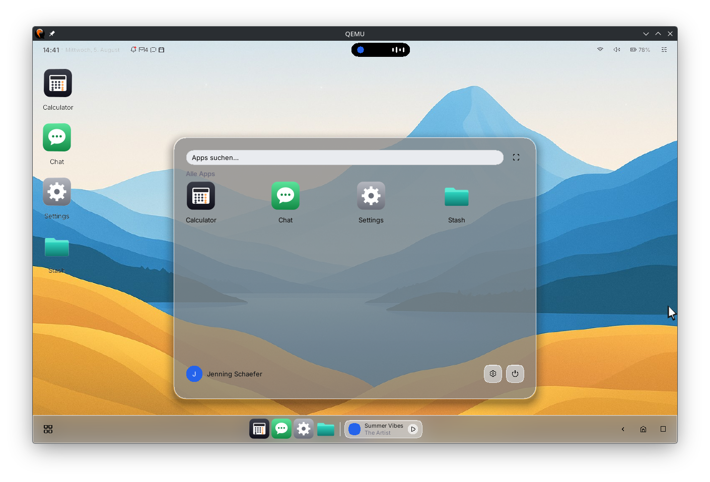 The launcher as a floating glass panel over the desktop, with a search field and an app grid