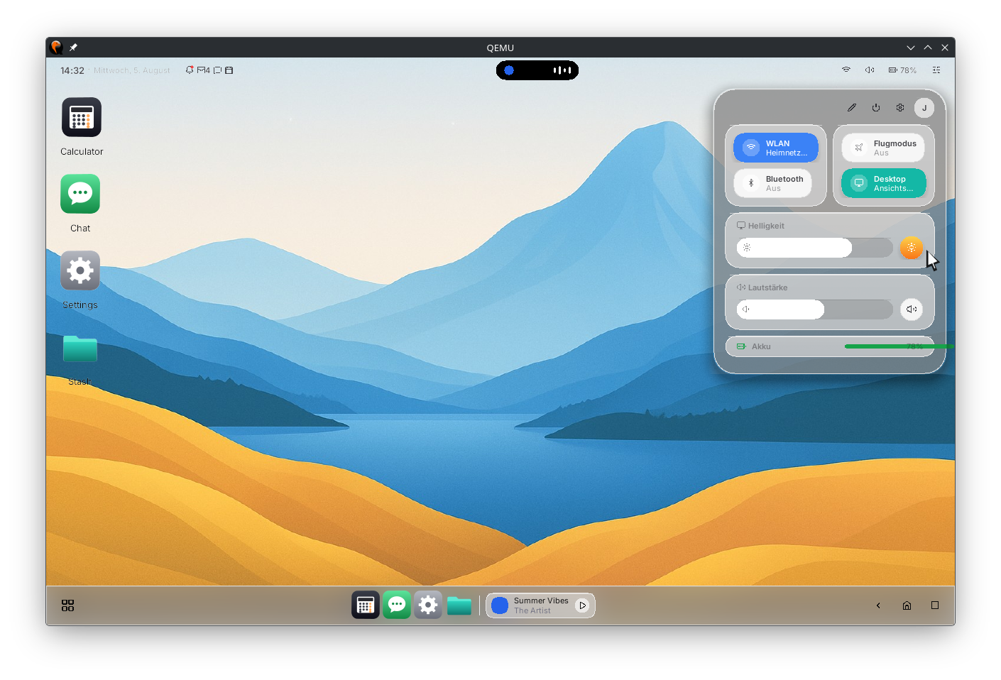 The Open Nexus desktop: wallpaper, app icons, a status bar with a live clock, and a dock