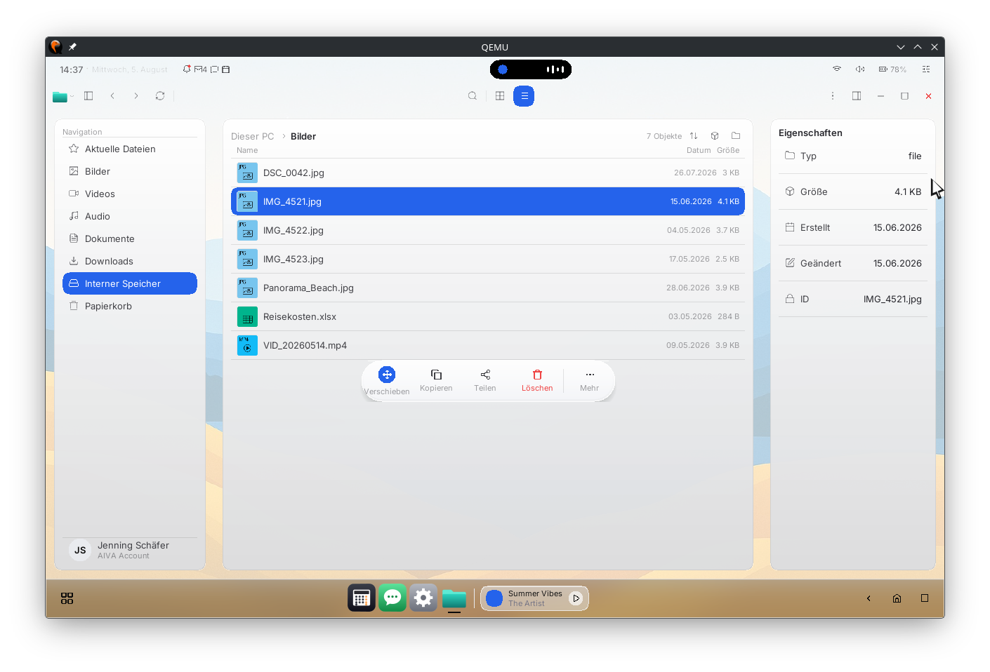 A file listing in the file manager: columns for name, size and date, a navigation sidebar, and a properties pane