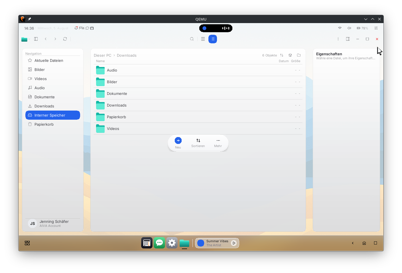 Folder view in the file manager: coloured folder tiles for pictures, videos, audio, documents and downloads
