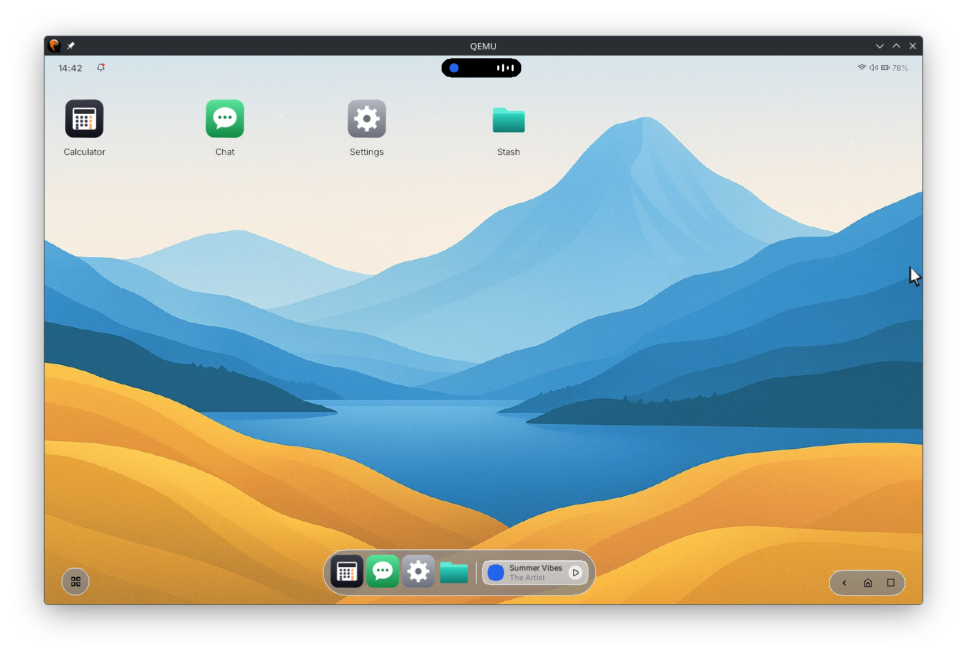 The same shell on a tablet-shaped display: icons along the top, a centred floating dock