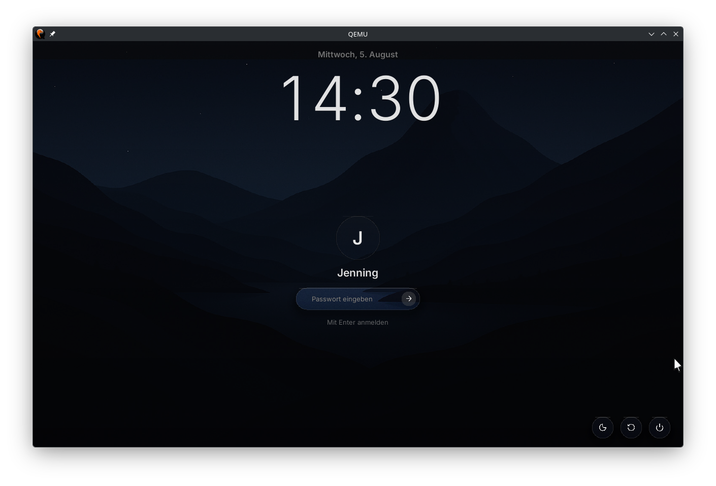 The login greeter: a large clock, a user avatar, a password field, and sleep/restart/shutdown buttons